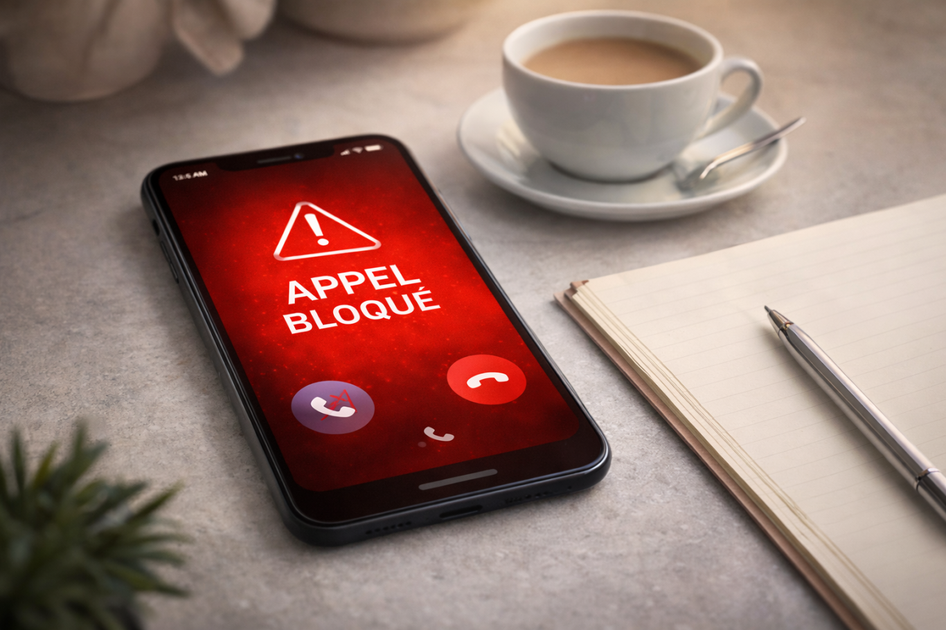Appel Bloqué - Zéro Nuisance Téléphone affichant "APPEL BLOQUÉ" avec une tasse de café et un carnet à côté.