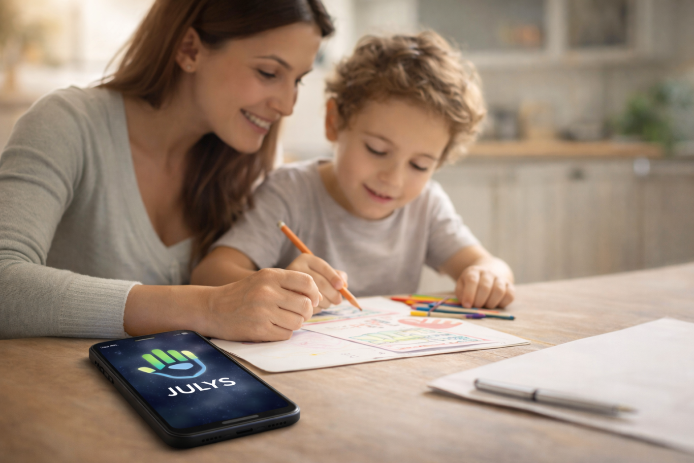 Protégeons nos enfants des prédateurs Mère et fils coloriant ensemble, un téléphone portable à côté d'eux sur la table.
